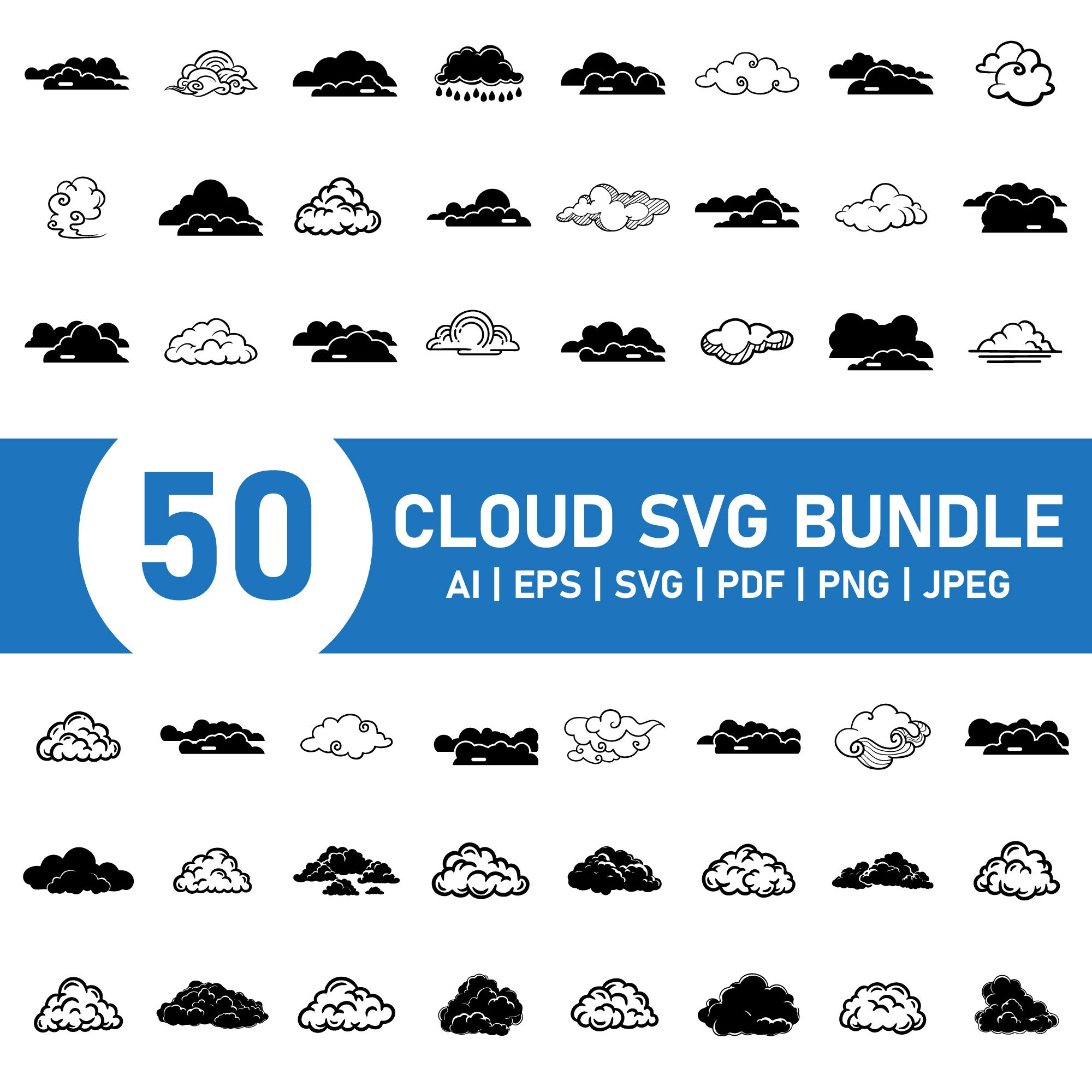 50 Cloud SVG Bundle, Cute Fluffy Clouds Clipart, Cloud Silhouette ...