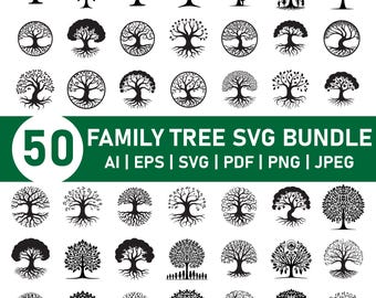 Paquete de 50 SVG de árbol genealógico, clipart de árbol de la vida, diseños de monogramas de reunión familiar y división, árbol de apellidos personalizado SVG, archivos de corte PNG
