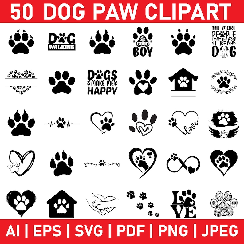 50 Clipart Dog Pet Paw Print SVG Bundle Dog Puppy Heart Paws Cut Files ...
