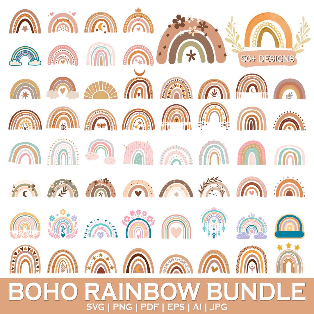 Boho Rainbow SVG Bundle | Hand Drawn and Cute Pastel Rainbow Clipart ...