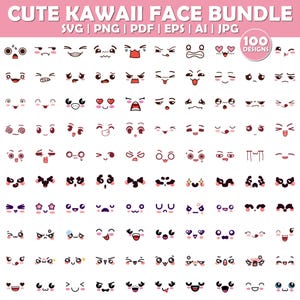 Puede incluir: Un conjunto de 100 diseños de caras Kawaii, en formatos SVG, PNG, PDF, EPS, AI y JPG. Las caras presentan diversas expresiones, con detalles en rosa y negro.