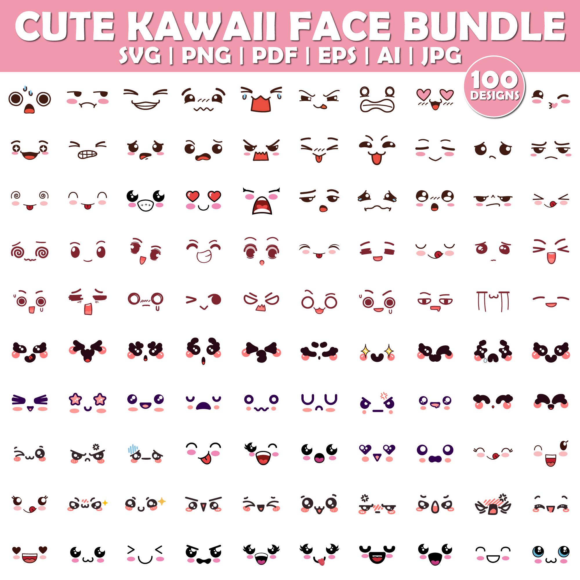 100 Kawaii Emotion Faces SVG Bundle | Cartoon and Cute Emoji Clipart ...