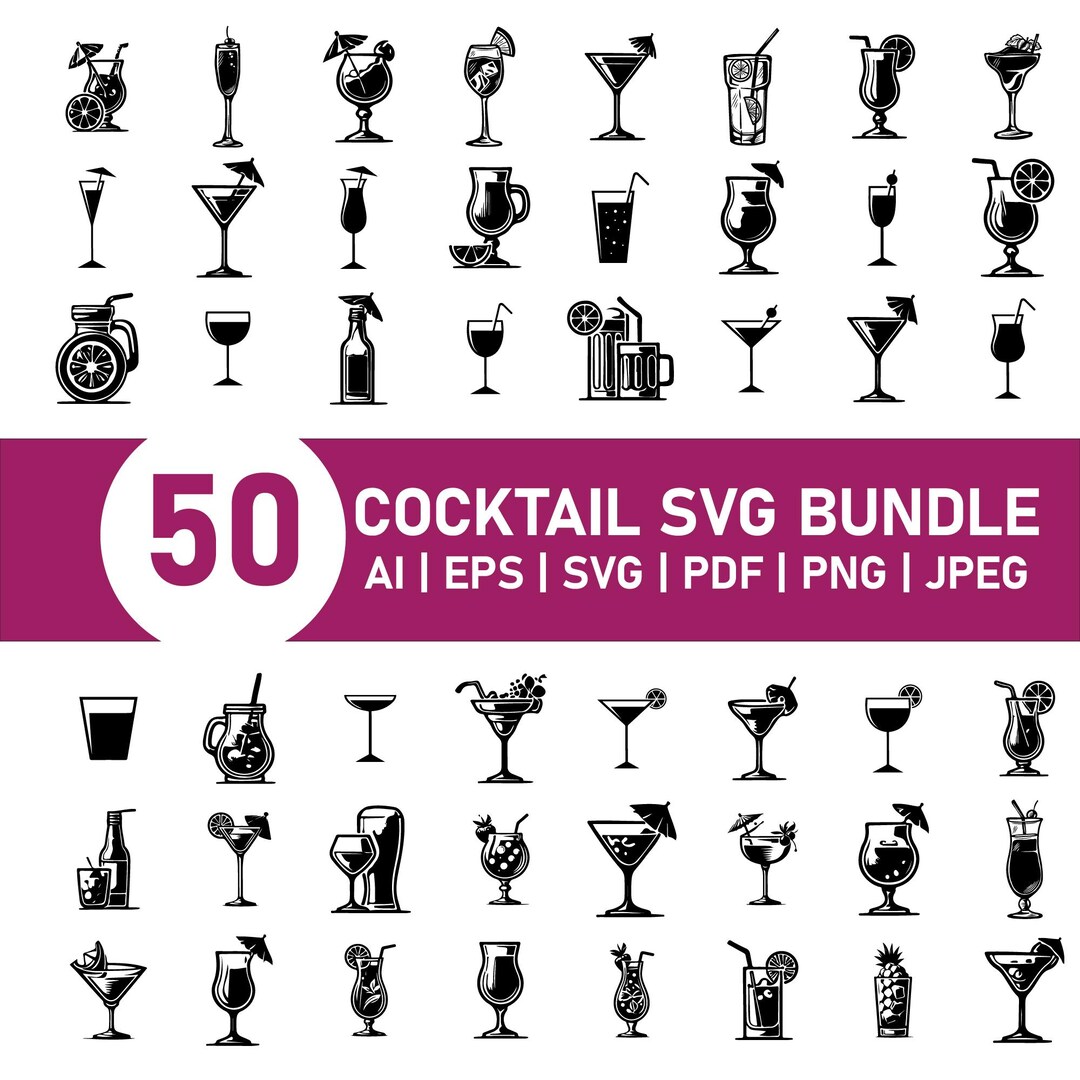 50 Vintage Cocktail SVG Bundle, Hand-drawn Drink Clipart Designs ...