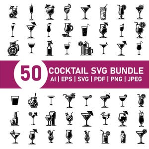 Può includere: Grafica in bianco e nero di 50 illustrazioni di cocktail. L'immagine include vari bicchieri da cocktail, shaker e guarnizioni. Il testo nell'immagine recita "50 COCKTAIL SVG BUNDLE" con opzioni di tipo di file: AI, EPS, SVG, PDF, PNG e JPEG.
