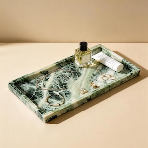 Bandeja de mármol verde veteado hecha a mano, organizador de tocador de lujo para baño y tocador, regalo decorativo.