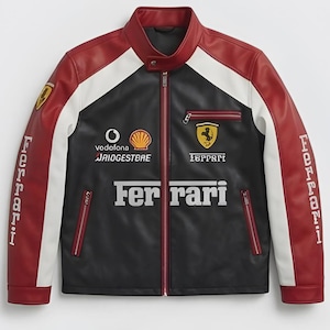 Handmade Unisex Red Ferrari F1 Leather Jacket | Vintage 90s Motorsport Racing Patches