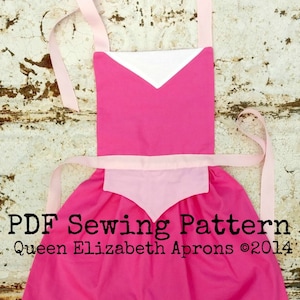 May include: A pink and white princess-style apron sewing pattern. The pattern includes a pink bodice with a white V-shaped neckline, a pink skirt, and a pink sash. The text "PDF Sewing Pattern Queen Elizabeth Aprons © 2014" is printed on the apron.
