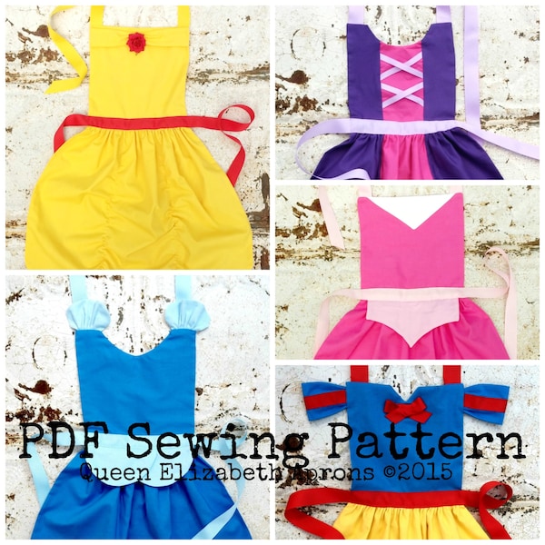 PRINCESS Set of 5 pdf SEWING PATTERN Costume dress up Child Aprons. Rapunzel, Sleeping Beauty, Snow White, Cinderella, Belle. Girls size 2-8