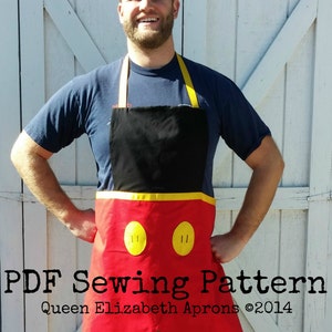 May include: A red and black apron with yellow detailing, designed to look like Mickey Mouse. The apron features two yellow circles with vertical lines and a black pocket. Text reads "PDF Sewing Pattern" and "Queen Elizabeth Aprons ©2014".