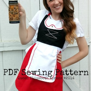 May include: A red, white, and black apron with a decorative design. The apron has a white bib with red trim and a black bodice. The text "PDF Sewing Pattern" and "Queen Elizabeth Aprons ©2014" are printed on the apron. A beer stein is held in the air.