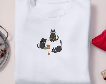 Sweat-shirt de Noël brodé avec chat |  Ras du cou trois chats