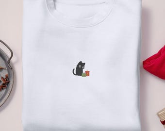 Besticktes Katzen-Weihnachts-Sweatshirt | Katze & Geschenke Rundhalsausschnitt