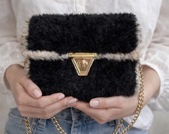 Black Faux Fur Chain Shoulder Bag, Winter Statement Handbag, Elegant Medium Evening Purse, Chic Women’s Bag