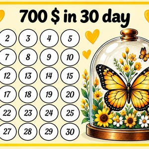 May include: A savings tracker chart with the text 700 $ in 30 day, featuring a grid of thirty numbered circles from 1 to 30. To the right, a glass cloche sits on a wooden base, enclosing a large orange and black butterfly and yellow flowers.