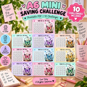 A6 Mini Saving Challenge Printable PDF 10 Money Saving Challenges Budget Binder Insert Butterfly Theme
