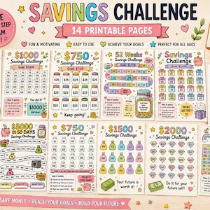 Peut inclure: Un ensemble de 14 pages imprimables de défi d'épargne avec des graphiques colorés, des bocaux et des sacs d'argent, incluant le texte Savings Challenge, 14 Printable Pages et divers montants en dollars pour suivre des objectifs financiers.