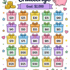 May include: A Savings Challenge tracker with the text Goal: $2,000, featuring a pink piggy bank, gold coins, and a grid of twenty-five colorful gift boxes labeled with dollar amounts from $20 to $140, plus a How it works box and You Got This text.
