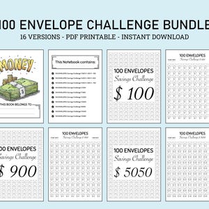 Peut inclure: Un ensemble de pages de planification financière imprimables. Le titre est "100 Envelope Challenge Bundle". Les pages comprennent une couverture de carnet avec une illustration d'argent, une liste de défis et des suivis d'épargne pour divers montants, dont 100, 900 et 5050.