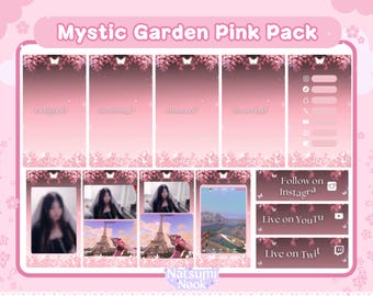 Puede incluir: Un paquete de arte digital rosa titulado "Mystic Garden Pink Pack" con varias superposiciones de transmisión. El diseño incluye motivos florales y de mariposas, con iconos de redes sociales y texto como "Follow on Instagram" y "Live on YouTube".