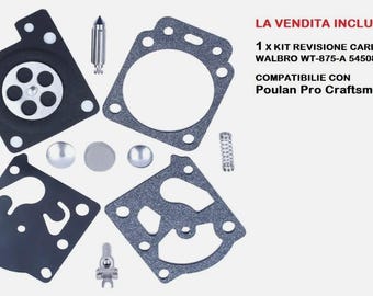 Peut inclure: Un kit de réparation de carburateur avec divers composants, notamment des joints, des membranes et des pièces métalliques. Conçu pour les carburateurs Walbro WT-875-A, il est compatible avec les équipements Poulan Pro Craftsman. Les pièces sont sur fond blanc.
