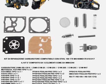 Peut inclure: Ensemble de pièces de réparation de carburateur, comprenant des joints, des filtres et de petits composants métalliques. L'image montre également une tondeuse autoportée, une débroussailleuse et une tronçonneuse. Le kit est compatible avec les modèles Stihl.