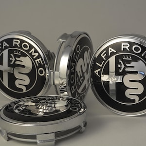 4 Alfa Romeo 60mm Radnabenkappen aus schwarz-silbernem Leichtmetall, passend für Giulia, Stelvio, Giulietta, MiTo, Premium-Qualität