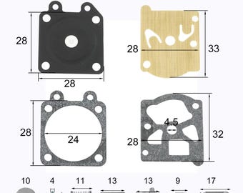 Peut inclure: Ensemble de pièces de carburateur, comprenant des joints et de petits composants. L'image présente diverses formes et tailles, avec des mesures en millimètres. Les pièces sont en noir, gris et beige, sur fond blanc.
