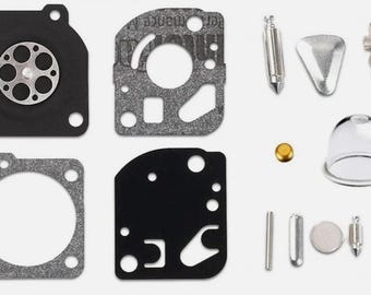 Peut inclure: Ensemble de pièces de carburateur de petit moteur, comprenant des joints, des diaphragmes et divers composants métalliques. Les pièces sont disposées sur fond blanc, mettant en valeur leurs formes et tailles. Les composants sont noirs, argentés et dorés.