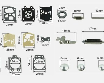 Peut inclure: Ensemble de pièces de carburateur, comprenant des joints et des gicleurs, avec des dimensions en millimètres. Certaines pièces mesurent jusqu'à 34 mm de long. L'image est une vue détaillée des composants de réparation de petits moteurs.