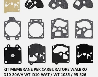 Peut inclure: Un kit de membranes de carburateur de différentes formes et tailles. Le kit comprend des joints beige, noirs et gris. Le texte en bas indique "KIT MEMBRANE PER CARBURATORE WALBRO D10-20WA WT D10-WAT / WT-1085 / 95-526 92-228 / 92-251 / 95-89."