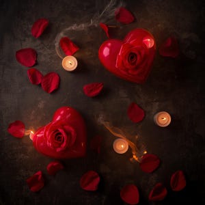 May include: Two glossy red heart-shaped boxes, each adorned with a rose, are surrounded by scattered red rose petals and lit candles. Wisps of smoke rise from the candles, creating a romantic and intimate scene.