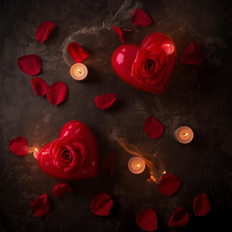 May include: Two glossy red heart-shaped boxes, each adorned with a rose, are surrounded by scattered red rose petals and lit candles. Wisps of smoke rise from the candles, creating a romantic and intimate scene.
