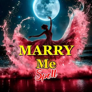 Puede incluir: Imagen de arte digital con una bailarina en un vestido rojo, sobre un cielo nocturno con luna llena. Las palabras "MARRY Me Spell" se muestran en texto amarillo y rojo, creando un ambiente romántico y mágico.