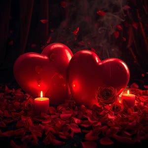May include: A romantic scene featuring two large, glossy red heart-shaped objects, surrounded by red rose petals and small red candles with lit flames. A rose is placed on one heart, with smoke in the background.