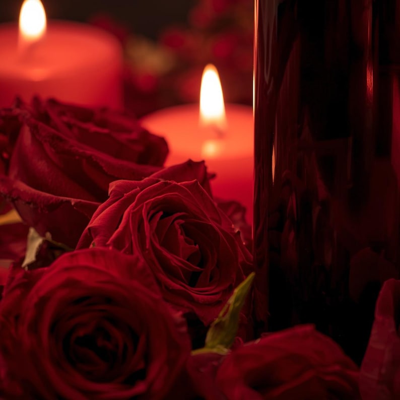 May include: A romantic still life featuring red roses, lit candles, and a dark glass bottle. The roses are in full bloom, with soft petals. The candles emit a warm glow, creating a cozy atmosphere. The bottle is partially visible, adding depth to the composition.