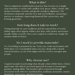 May include: Dark green informational graphic with white text. The title is "Q&A". The text describes a manifestation practice, its uses, and how it works. The graphic is signed "Spell by AGATHA".