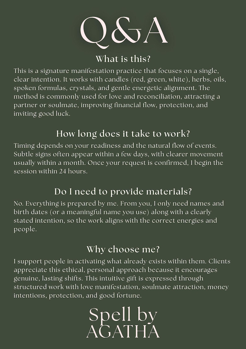 May include: Dark green informational graphic with white text. The title is "Q&A". The text describes a manifestation practice, its uses, and how it works. The graphic is signed "Spell by AGATHA".