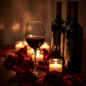 May include: A wine glass filled with red wine, surrounded by red rose petals, lit candles, and several wine bottles. The scene is dimly lit, creating a romantic ambiance. The wine bottles have dark labels and red bottle tops.