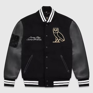 Chaqueta universitaria OVO Drake de lana y cuero negra, rediseñada: chaqueta clásica premium estilo Letterman con parches de búho.