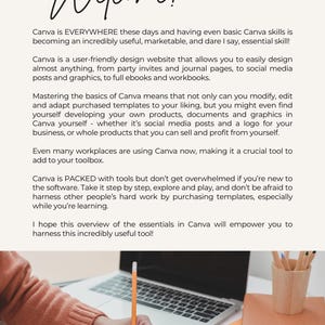 May include: A desk setup featuring a laptop, notebook, and pencils. The word "Welcome!" is displayed at the top. The text discusses Canva, a design website, and its applications for social media, ebooks, and other projects.