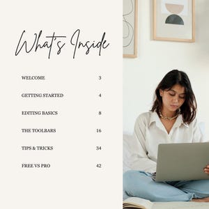 May include: A person sits on a bed with a laptop, a book, and a gold necklace. The image includes a page titled "What's Inside" with a list of topics and page numbers. Two framed abstract art pieces hang on the wall.