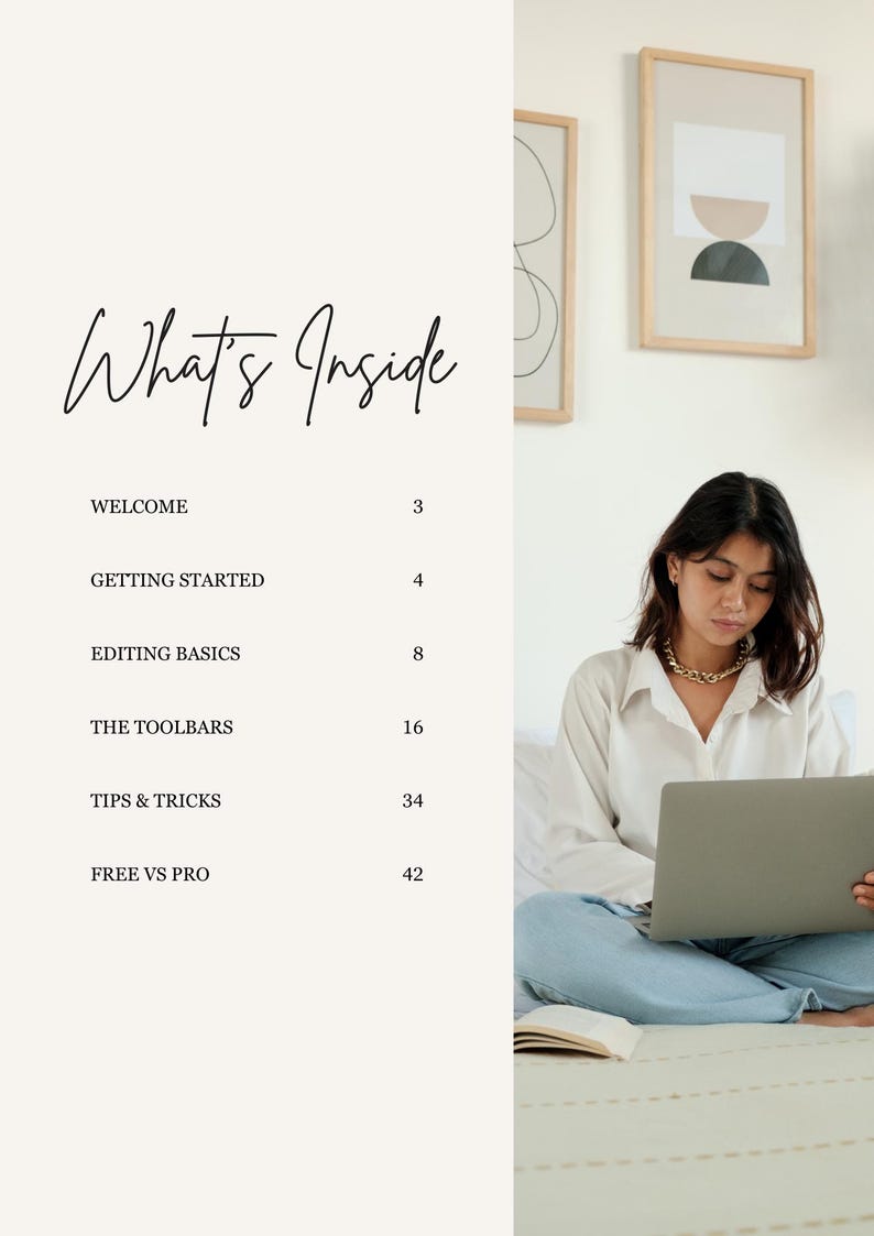 May include: A person sits on a bed with a laptop, a book, and a gold necklace. The image includes a page titled "What's Inside" with a list of topics and page numbers. Two framed abstract art pieces hang on the wall.