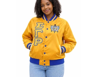 Sigma Gamma Rho  Custom Greek Jacket, Personalized Sorority Jacket, Fraternity Line Jacket,Greek Clothing, Satin Greek Letter Jacket