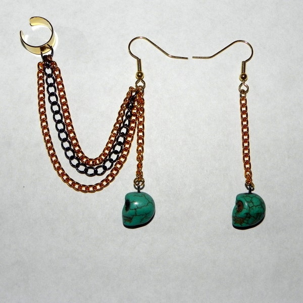 Mixed Metals & Turquoise Howlite Skull Earrings w/ ear cuff
