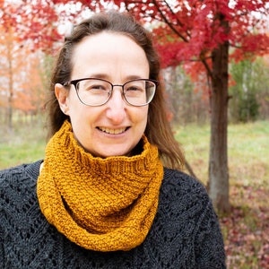 May include: A woman wearing a black sweater with a brown knitted infinity scarf. She is standing in front of a tree with red leaves.