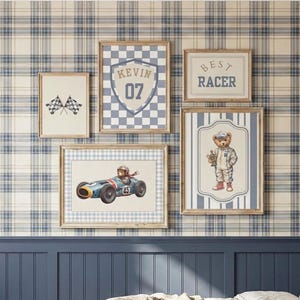 Vintage Racing Nursery Wall Art Set of 5, Preppy Boys Room Decor, Classic Car Navy Beige Poster Prints A3 A4