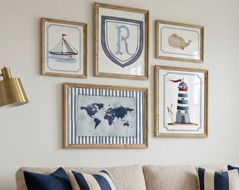 Nautical Nursery Wall Art Set, Sailboat Whale Lighthouse Prints, Baby Boy Coastal Decor