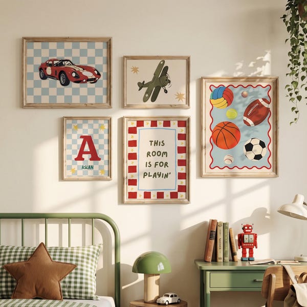 Personalized Retro Boys Room Art: Checkerboard Airplane and Car Sports Prints