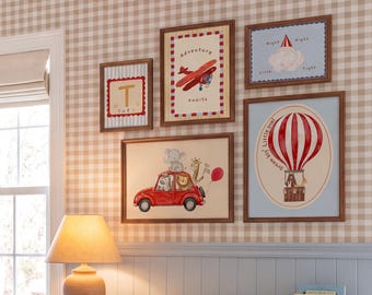 Safari Animal Wall Art, Hot Air Balloon and Airplane Prints for Baby Boy