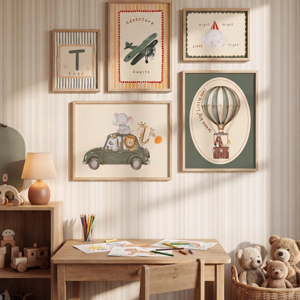 Safari Animal Wall Art, Green Hot Air Balloon and Airplane Prints for Baby Boy